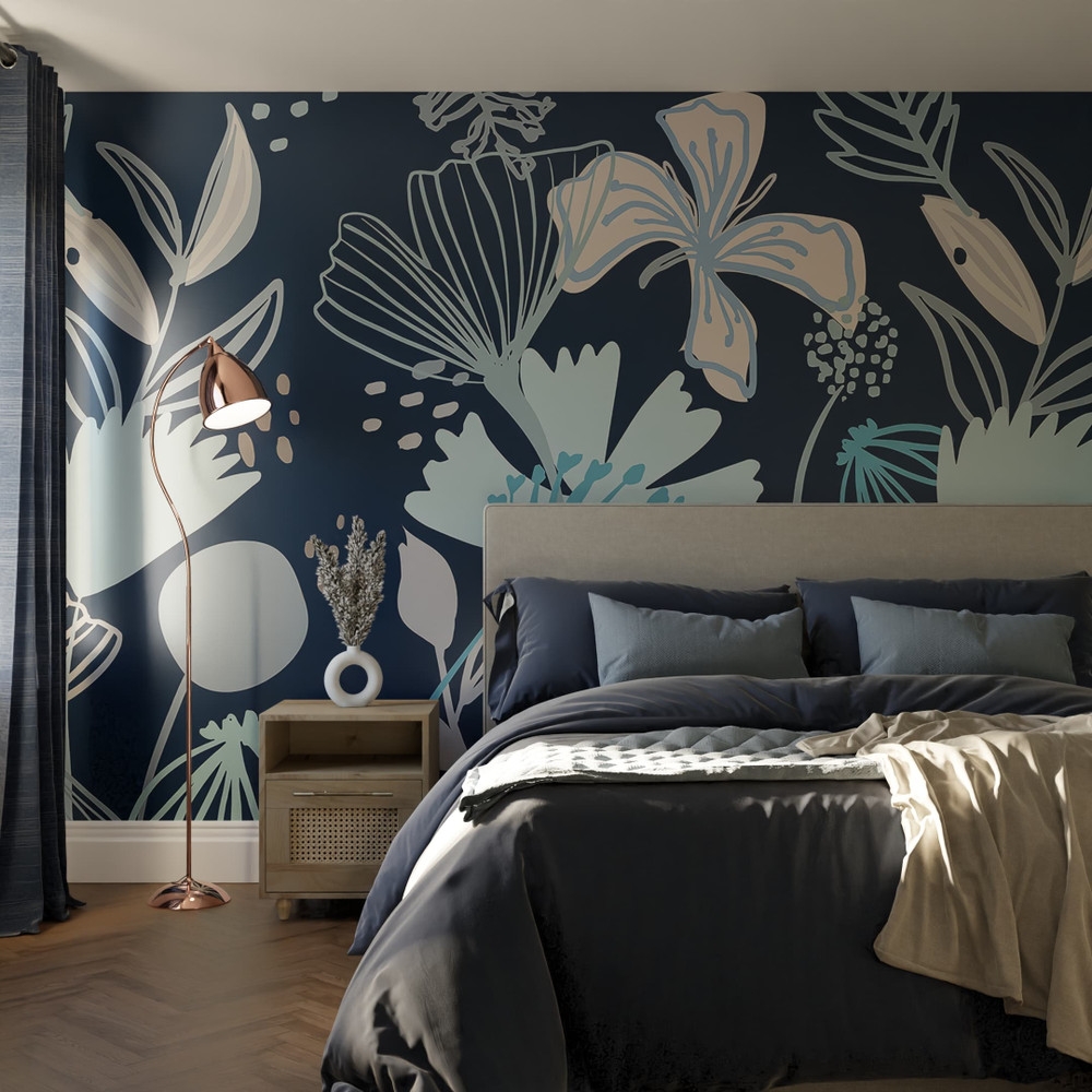 Scandi Floral Navy Bespoke Mural