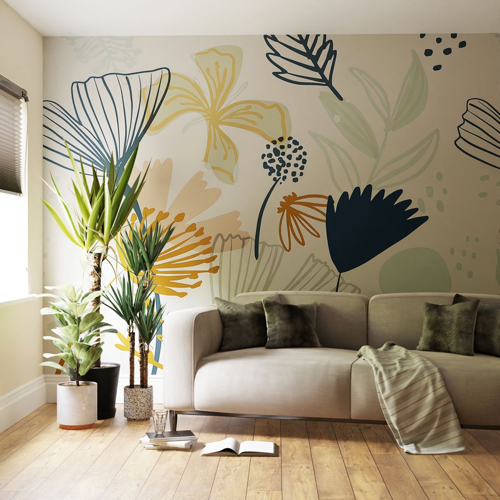 Scandi Floral Pink and Navy Bespoke Mural