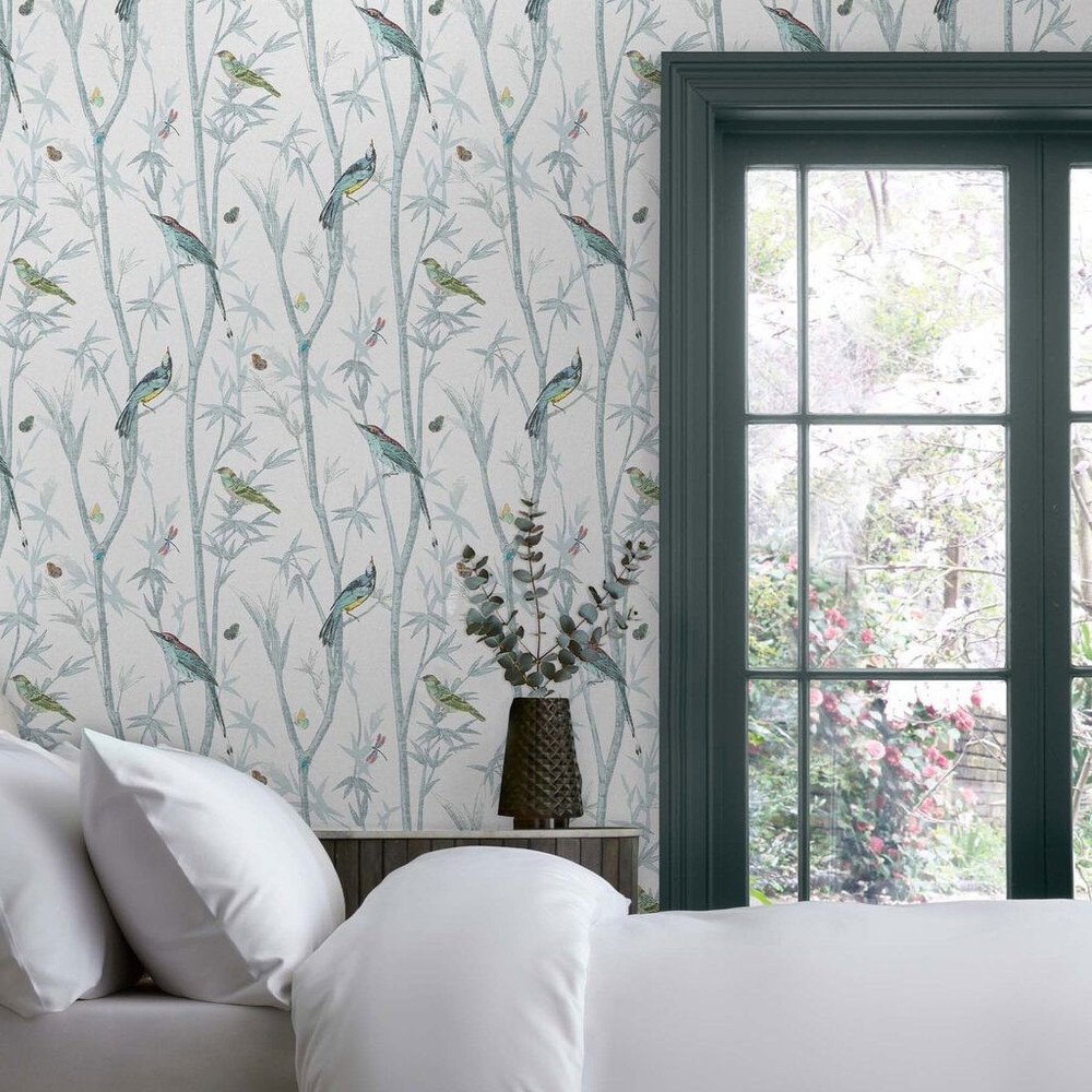 next chinoiserie bird trail duck egg wallpaper