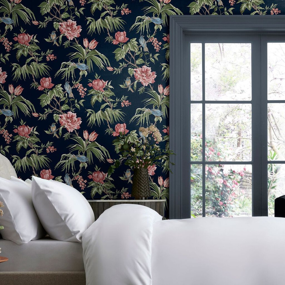 next birds & blooms navy wallpaper