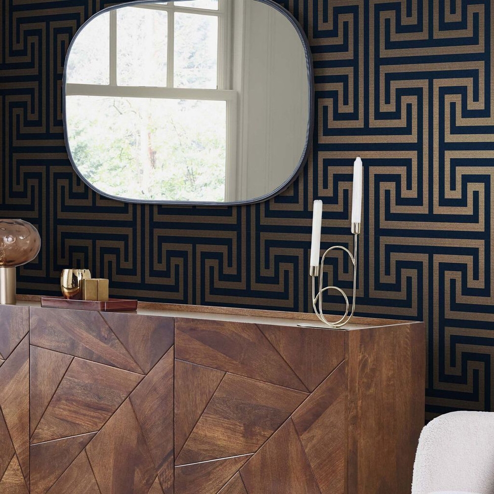 next metallic greek key navy wallpaper