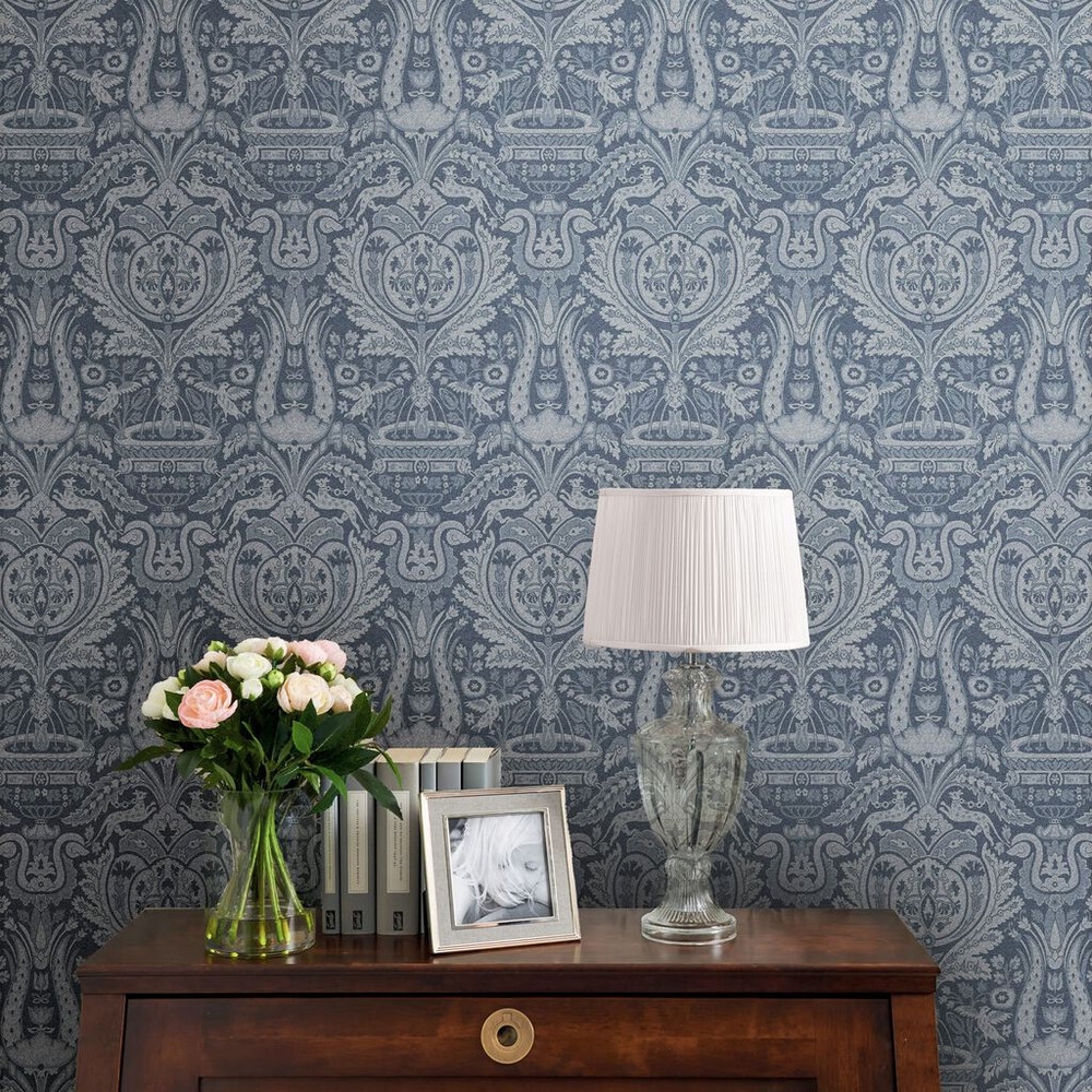 laura ashley heraldic damask dusky seaspray wallpaper