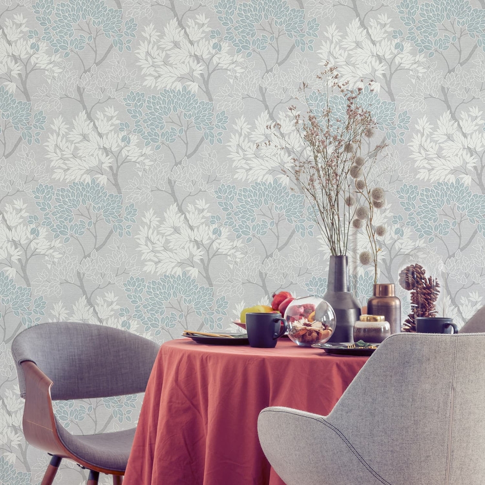 Fresco Lykke Tree Sky Blue Floral Wallpaper