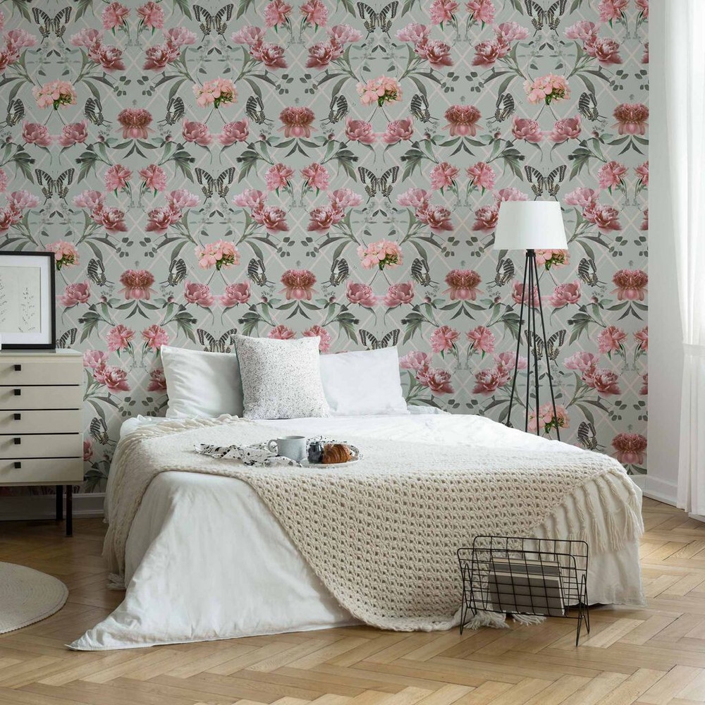 botanical trellis grey pink wallpaper