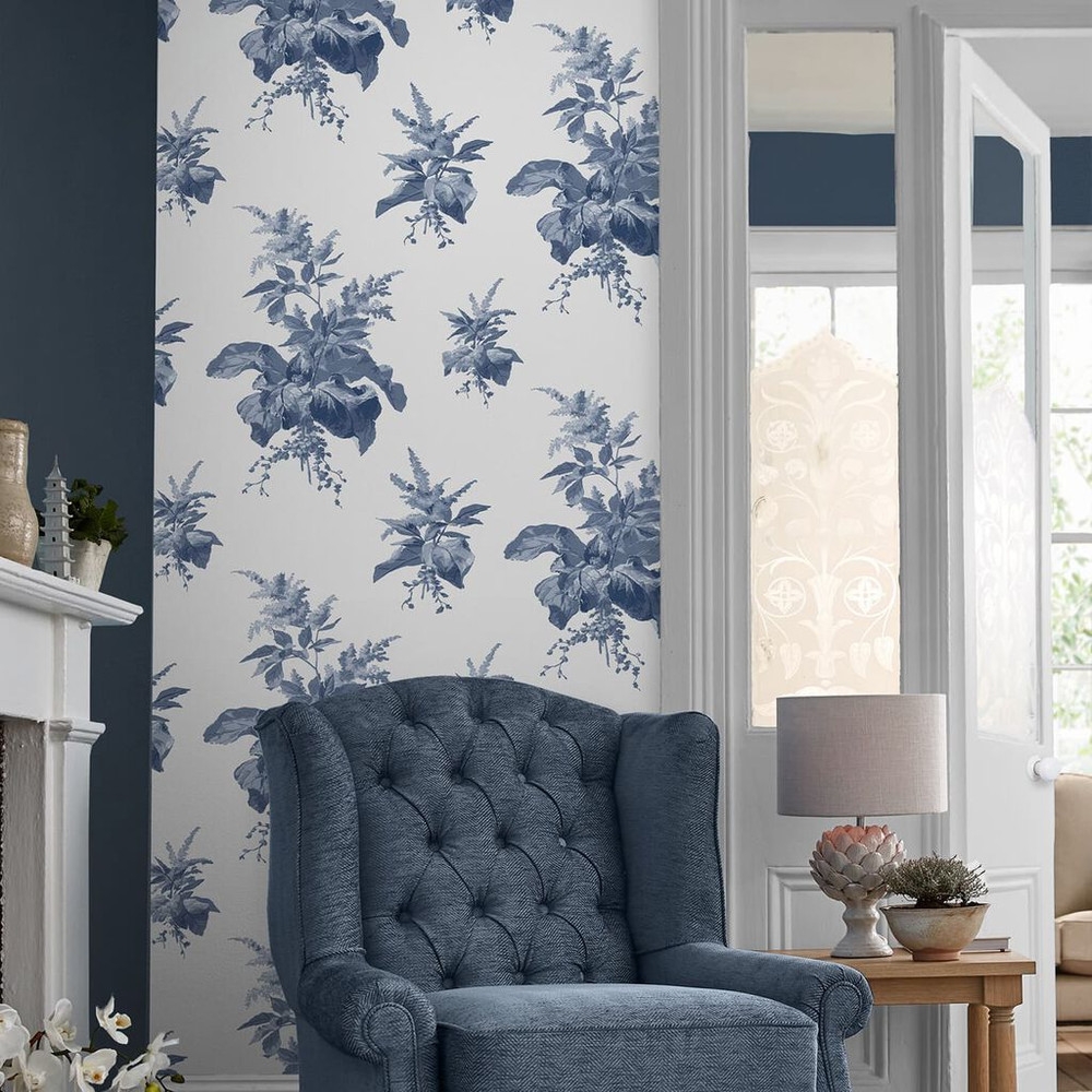 Laura Ashley Narberth Midnight Seaspray Blue Wallpaper