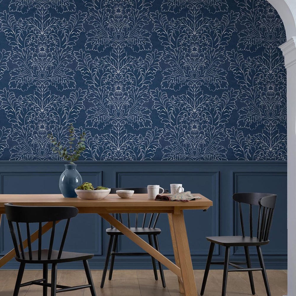 Laura Ashley Silchester Midnight Seaspray Blue Wallpaper