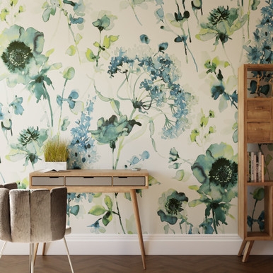 Watercolour Floral Blue and Green Bespoke Mural