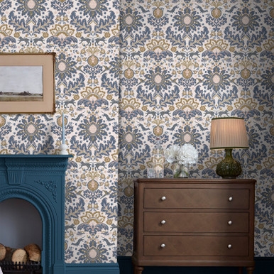 Joules Animal Damask Blue & Gold Wallpaper