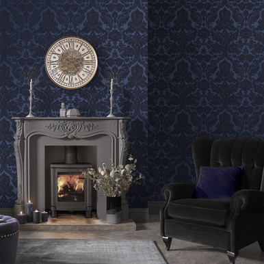 Gothic Damask Flock Cobalt Wallpaper