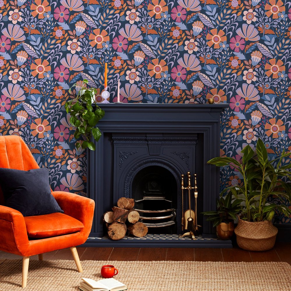 Oopsy Daisy Blue Lilac Tangerine Wallpaper