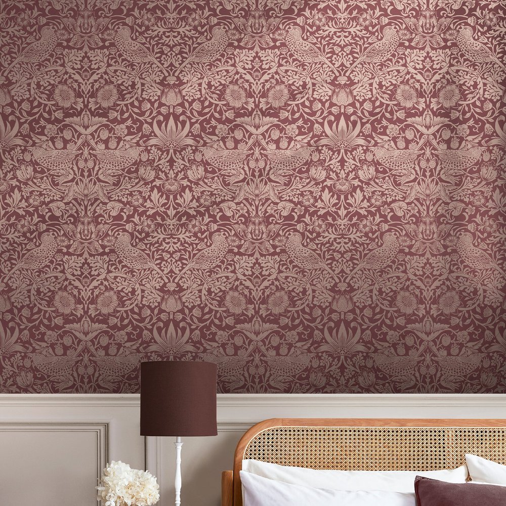 Strawberry Thief Fibrous Burgundy Wallpaper