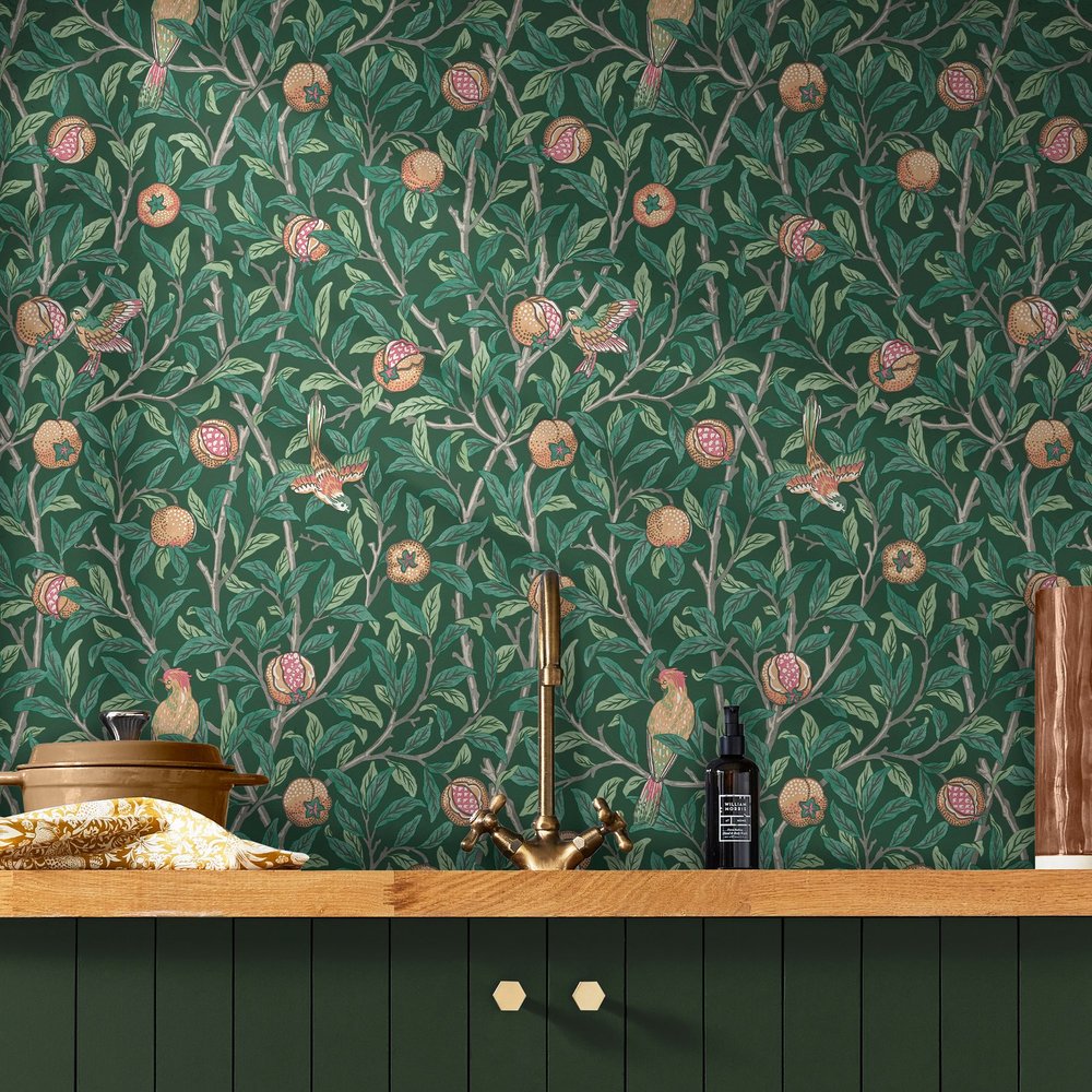 Bird & Pomegranate Deep Green Wallpaper