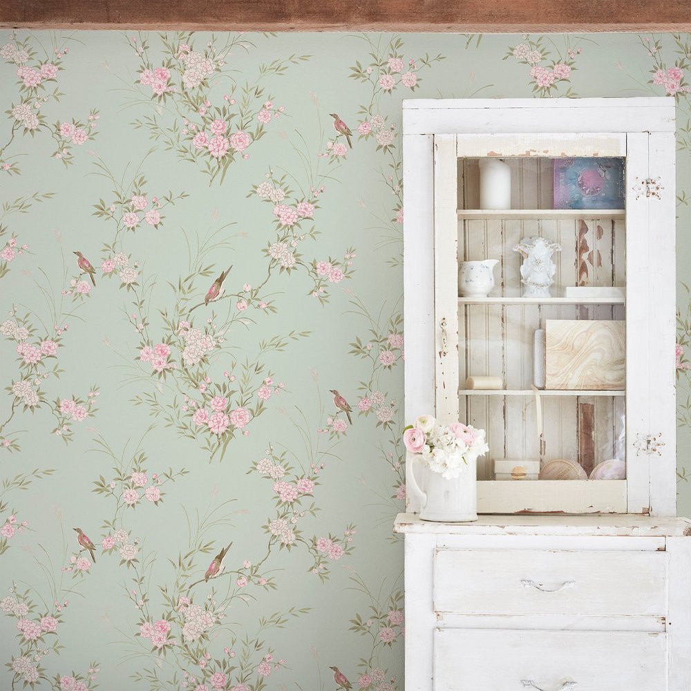 Bird Chinoiserie Green Wallpaper