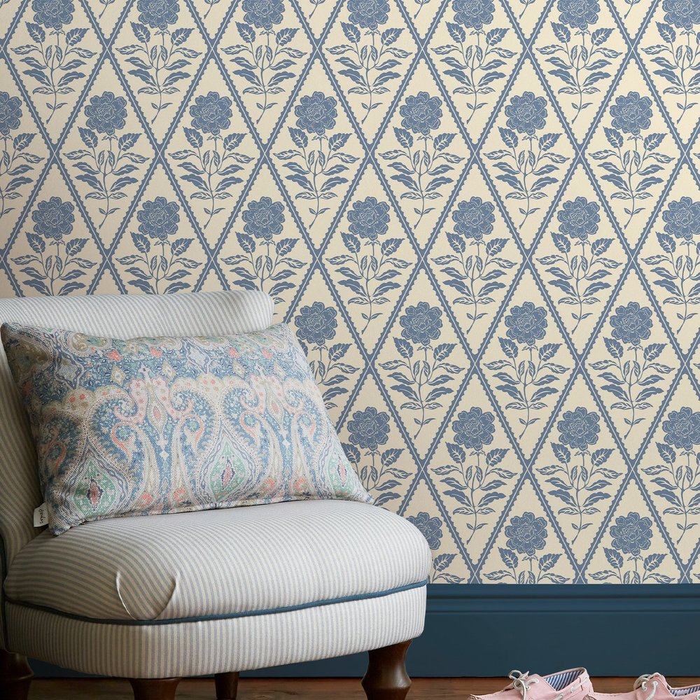 Joules Juliette Floral Cream & Blue Wallpaper