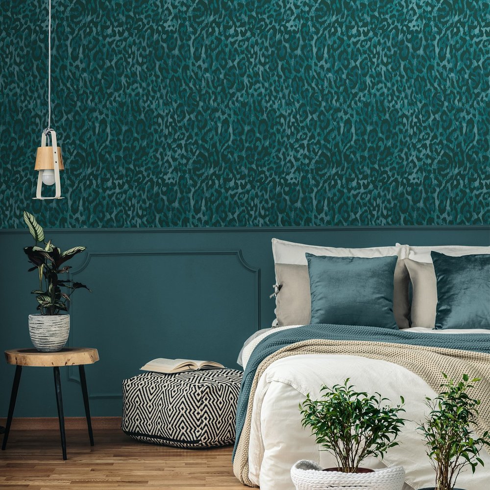 Nicole Miller Laid Back Leopard Peel & Stick Teal Wallpaper