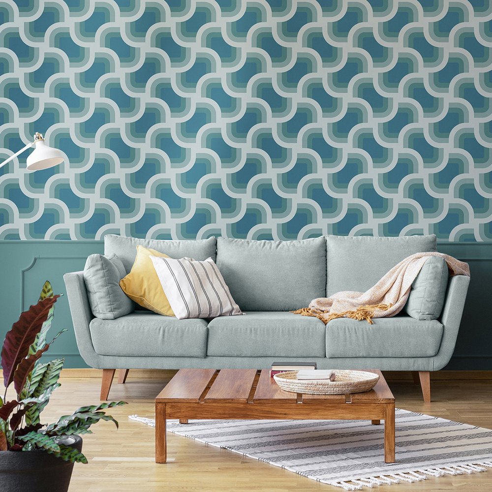 Nicole Miller Retro Geo Peel & Stick Peacock Blue Wallpaper