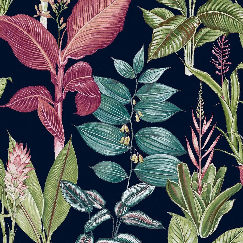 Next Fantasy Rainforest Leaves Navy Wallpaper