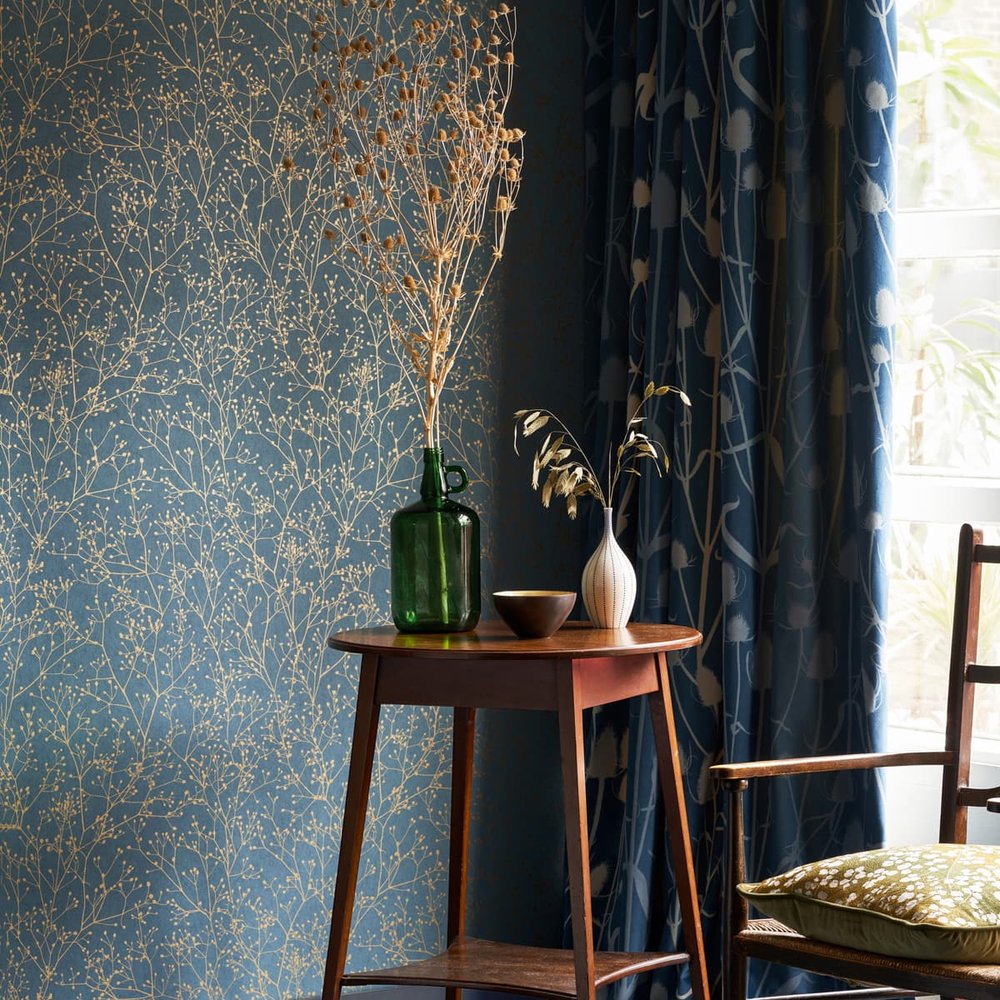 Gypsophila Airforce Blue & Soft Gold Wallpaper by Clarissa Hulse