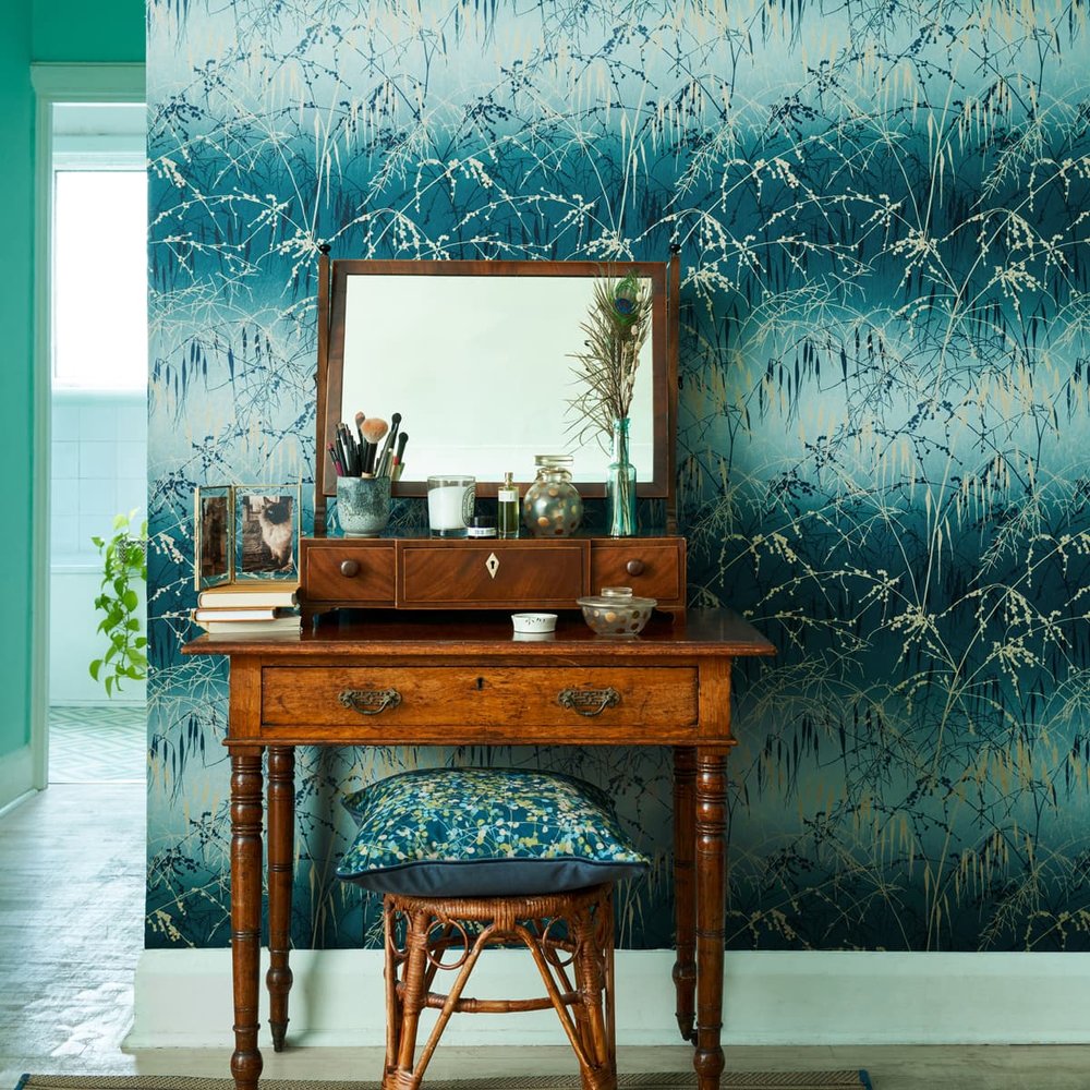 Meadow Grass Teal & Soft Gold Wallpaper by Clarissa Hulse